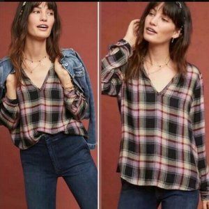 Anthropologie Cloth and Stone Plaid Ruffle Blouse